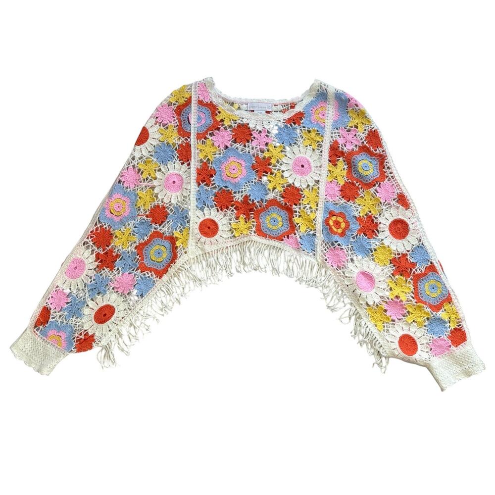 House of Harlow 1960 Crochet Floral Fringe Poncho Granny Patch Boho Festival - Picture 3 of 5